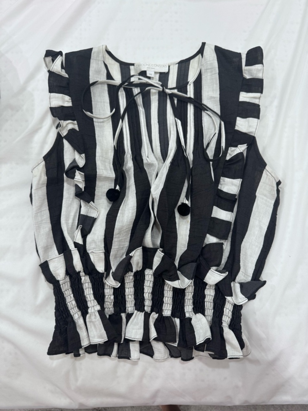Black & White Striped Ruffle Linen Tie-Neck Sleeveless Top -